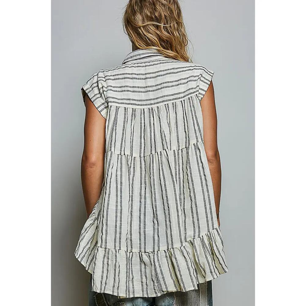 POL Collared Neck Stripe Soft Ruffle Stitch Sleeveless Shirt Top - Picture 4 of 6